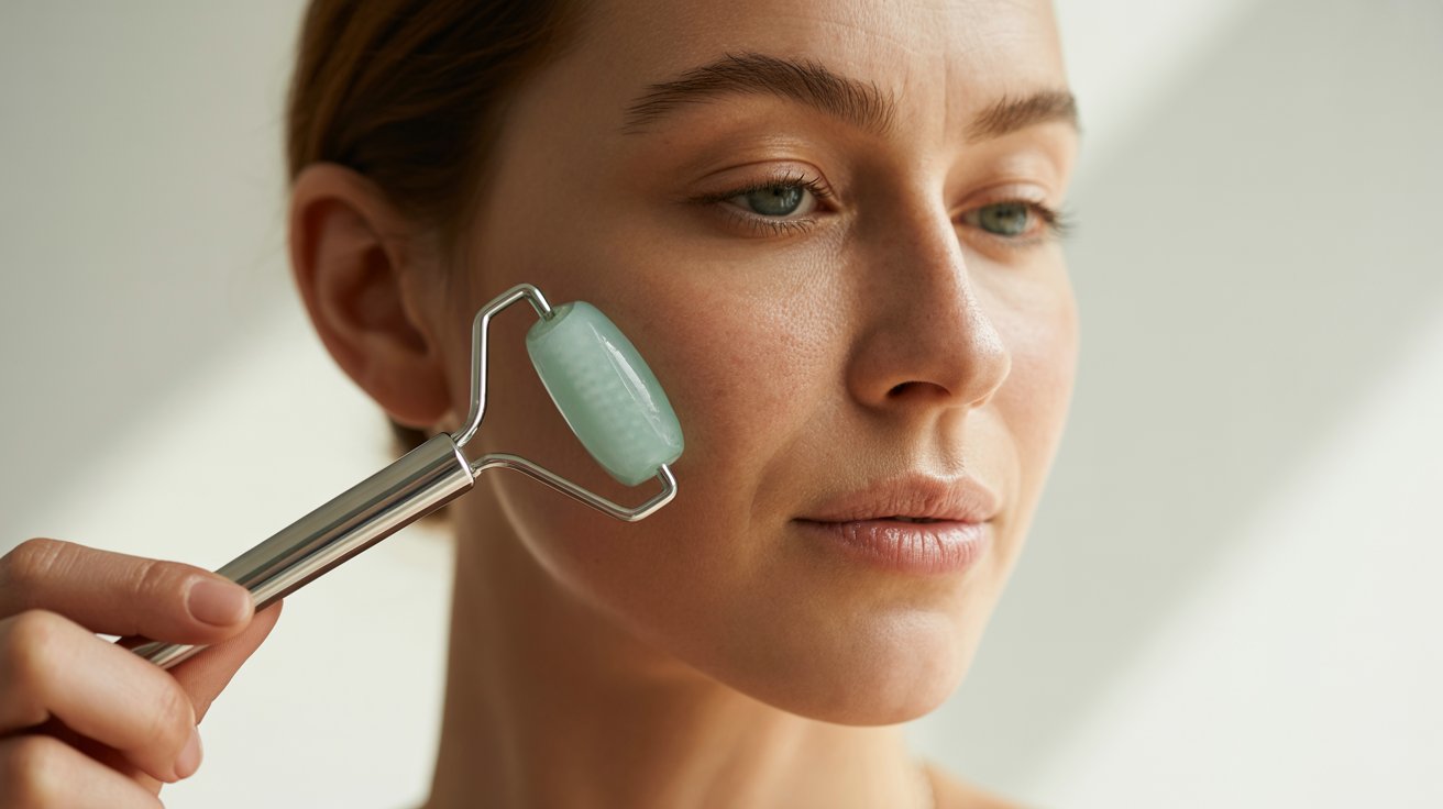 A woman gently cleanses her face using a facial brush, focusing on her skincare routine.
