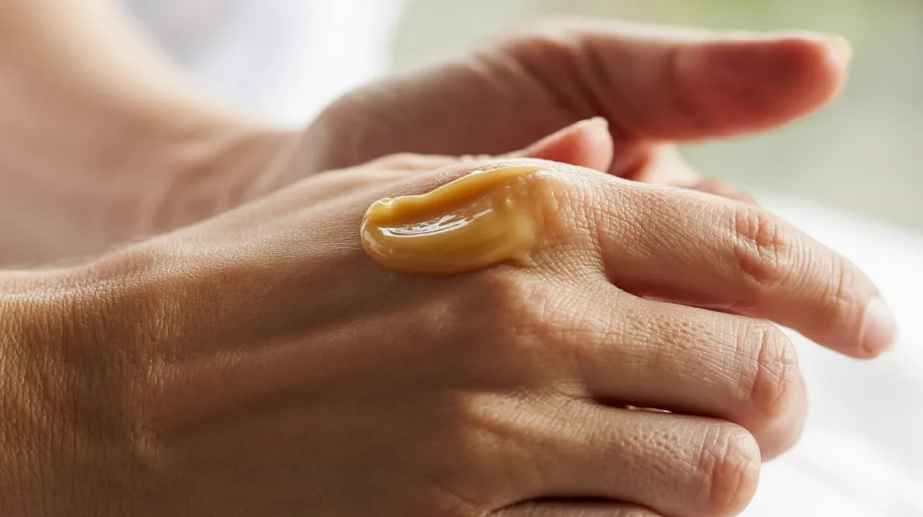 A person holds a jar of honey in their hand, showcasing its golden color and smooth texture.