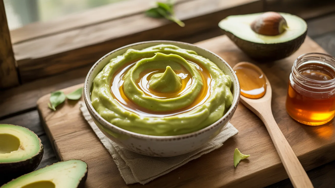 Avocado butter and honey arranged on a rustic wooden board, showcasing a natural and healthy spread.