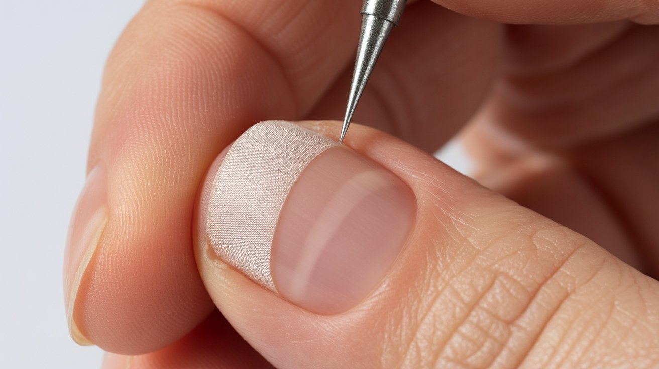 A person carefully uses a nail file to shape and smooth a fingernail.