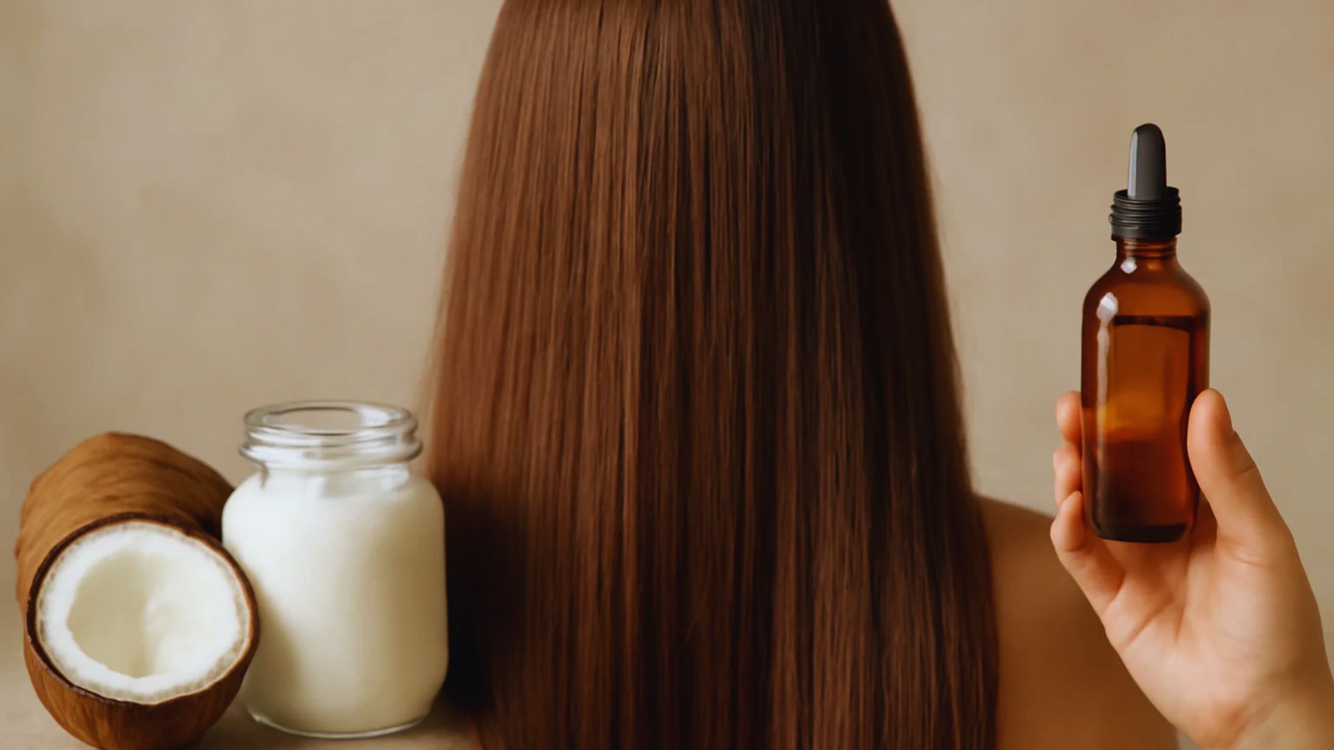 A woman with long hair holds a bottle of coconut oil, smiling as she showcases the product in her hand.