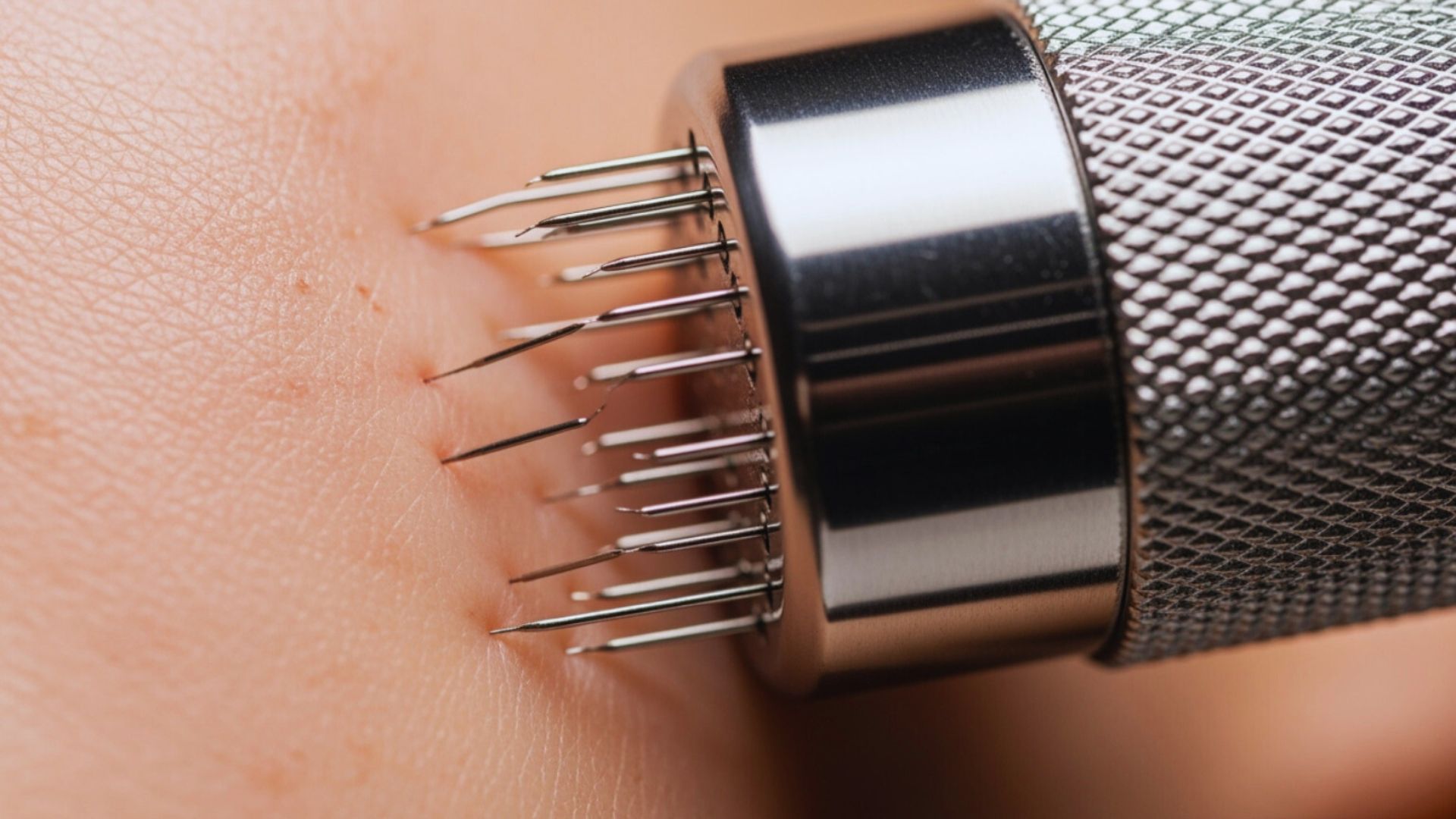 A close-up of a needle piercing the skin, highlighting the precision of the medical procedure.