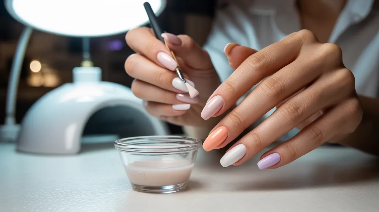 A woman carefully applies bright red nail polish to her fingernails, focusing intently on her task.