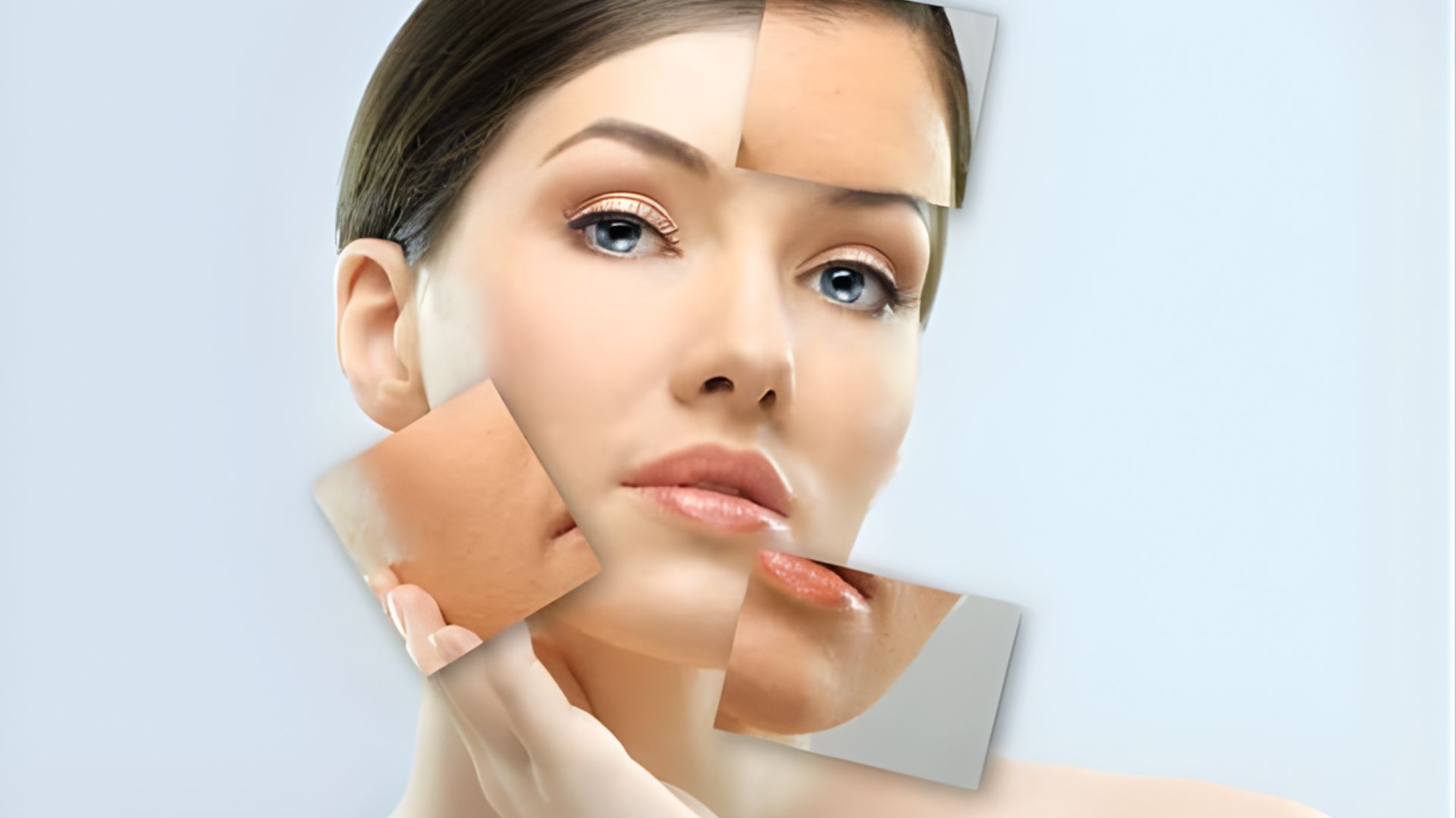 A woman with her face covered in various pieces of skin, creating a surreal and artistic visual effect.