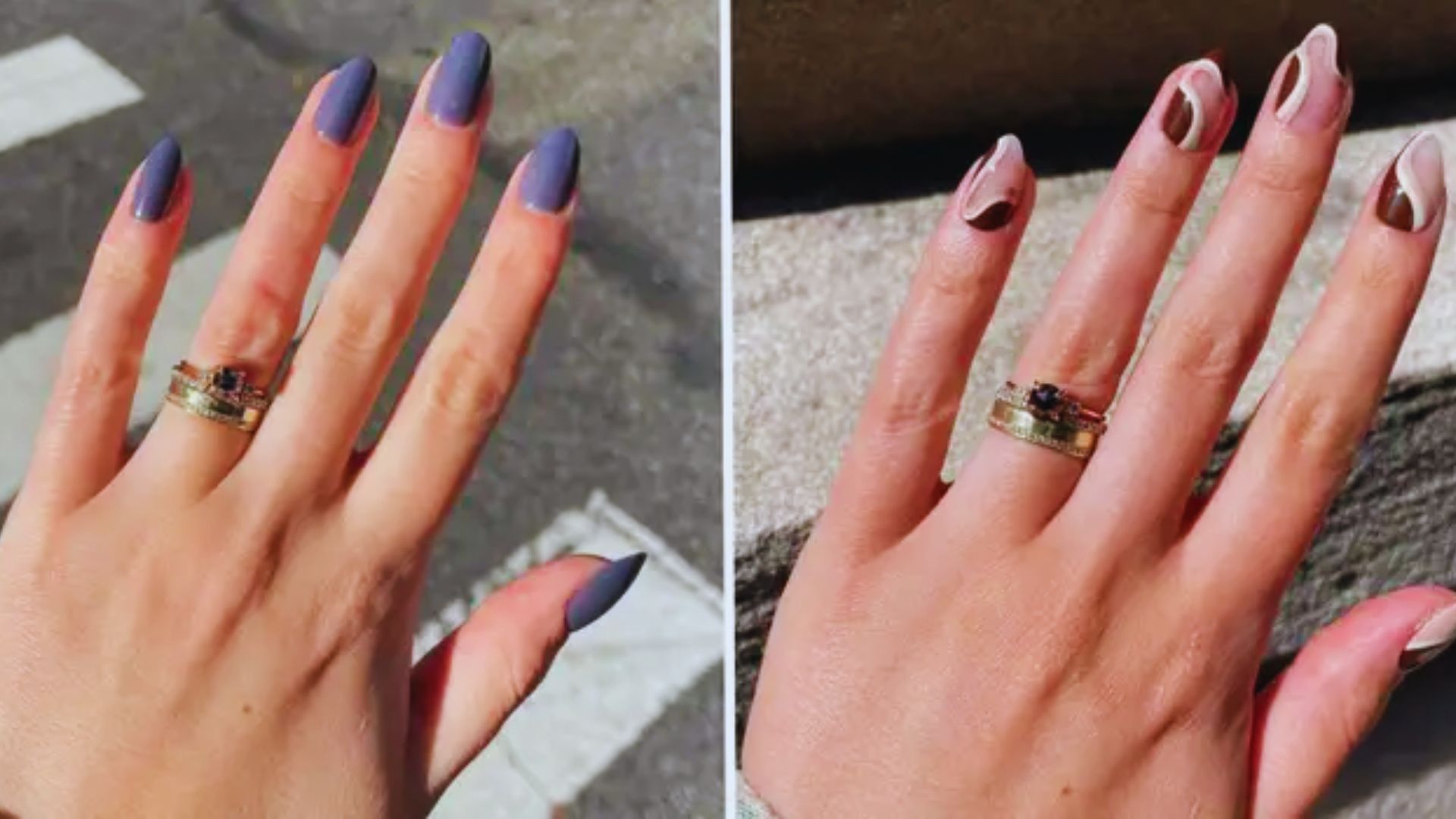 Two images of a woman's hands showcasing distinct nail designs, highlighting creativity and style in nail art.