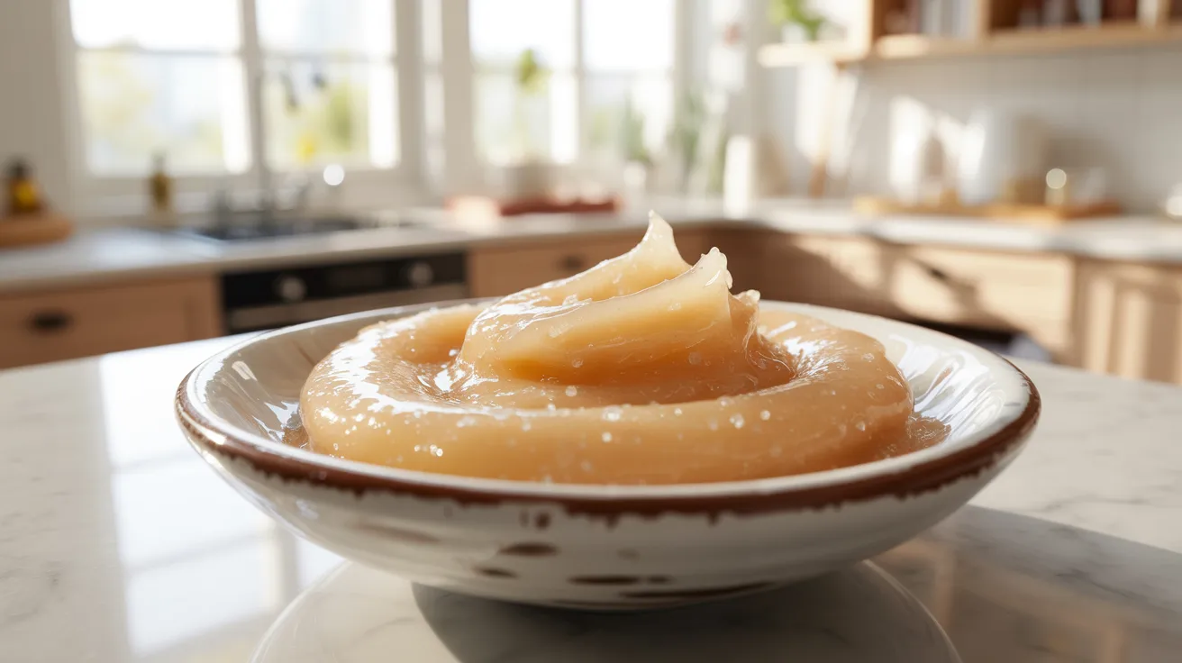 A bowl of homemade caramel sits on a kitchen counter, showcasing its rich, golden-brown color and smooth texture