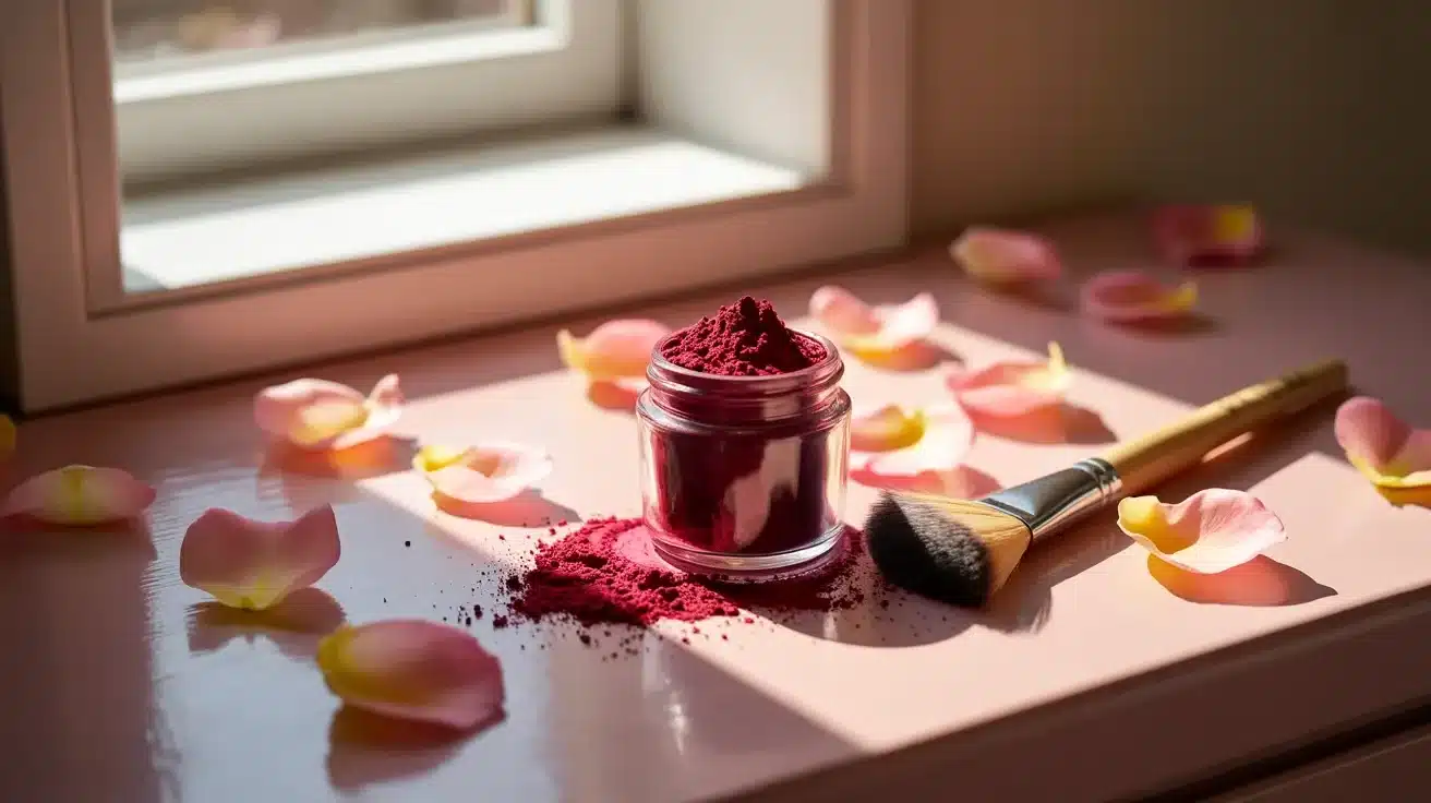 A jar of red powder and a brush are placed on a pink table, creating a vibrant and artistic scene.