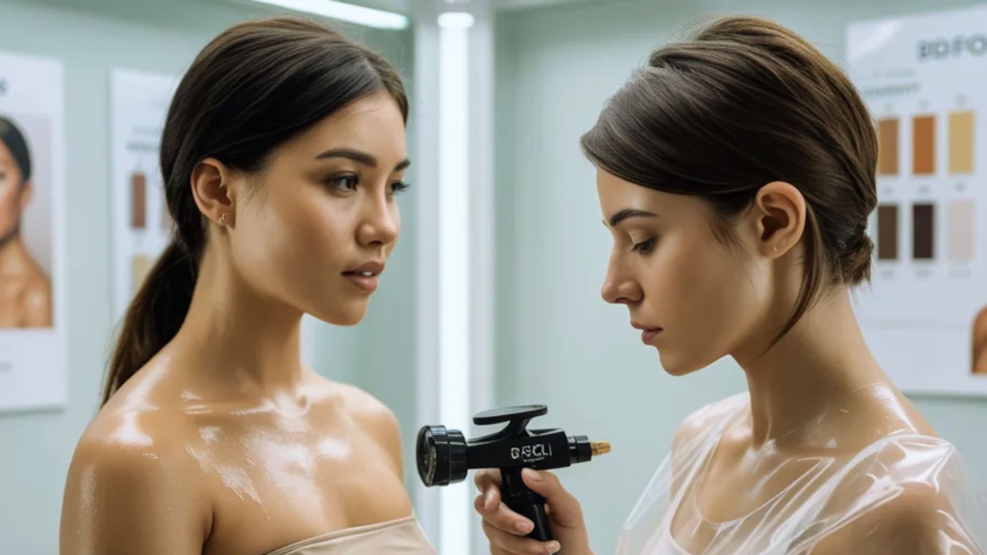 In a mirror, two women share a moment, gazing at one another with expressions of interest.