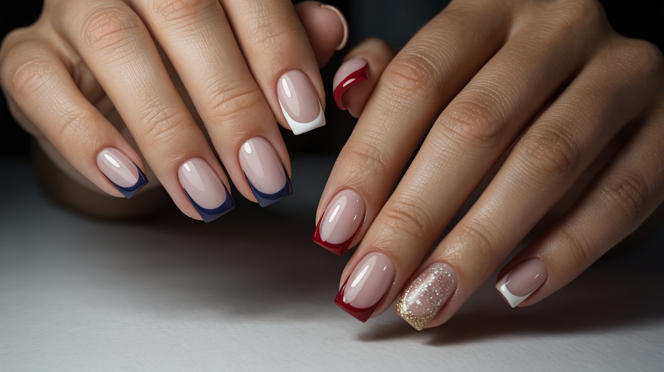 Beautiful woman showcasing a French manicure with red and white nail designs.