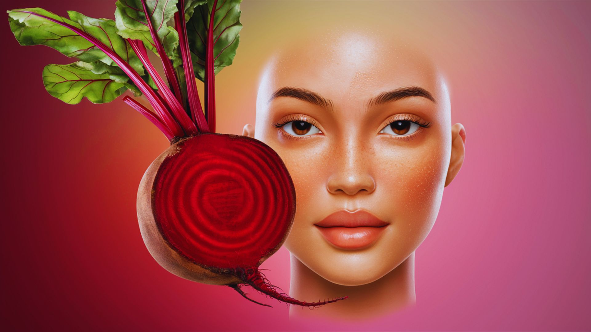 A woman playfully poses with a beetroot on her face, showcasing a humorous and whimsical expression.
