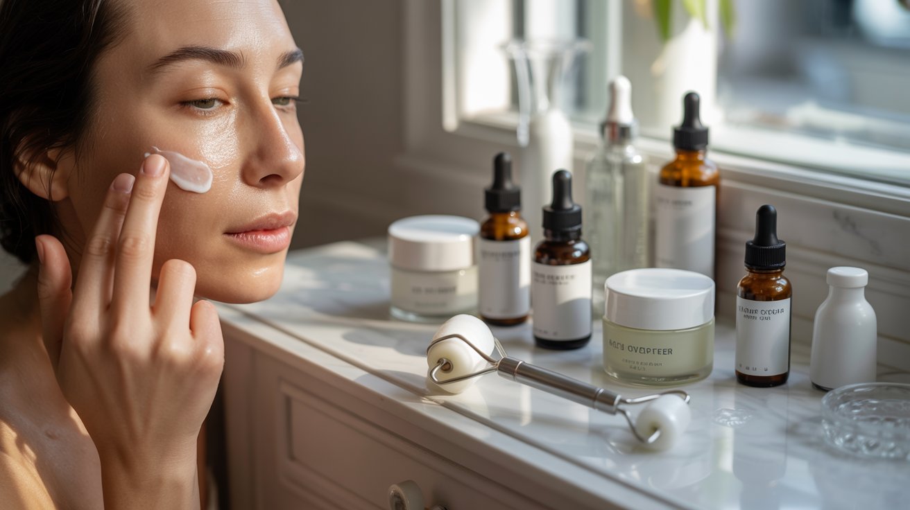 A woman examines her collection of skin care products on a table, focusing intently on the items before her.