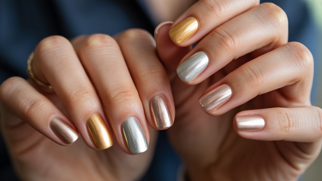 A woman displays her gold and silver manicured nails, showcasing a stylish and elegant nail design.
