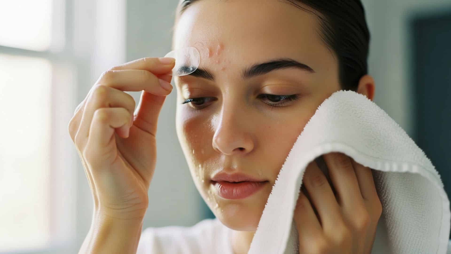 A woman gently applies a facial wipe to her face, focusing on her skincare routine.