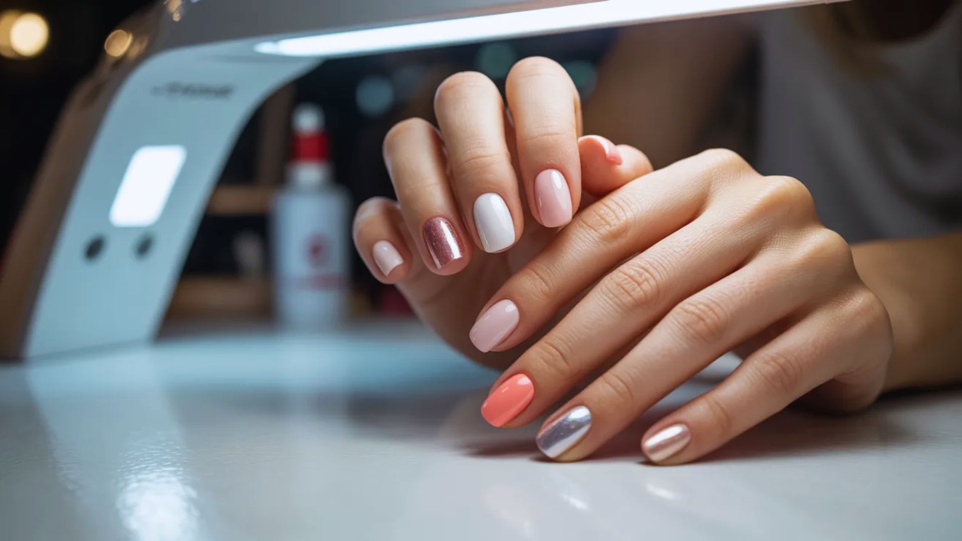 A woman with pink and white nails sits in front of a nail lamp, preparing for a manicure.