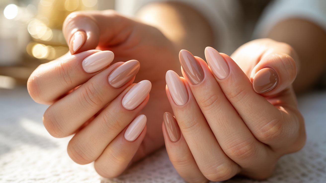 A close-up of a woman's hands showcasing elegantly manicured nails in a soft, neutral color.