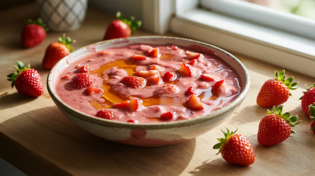 A bowl of strawberry smoothie sits on a table, surrounded by fresh strawberries.