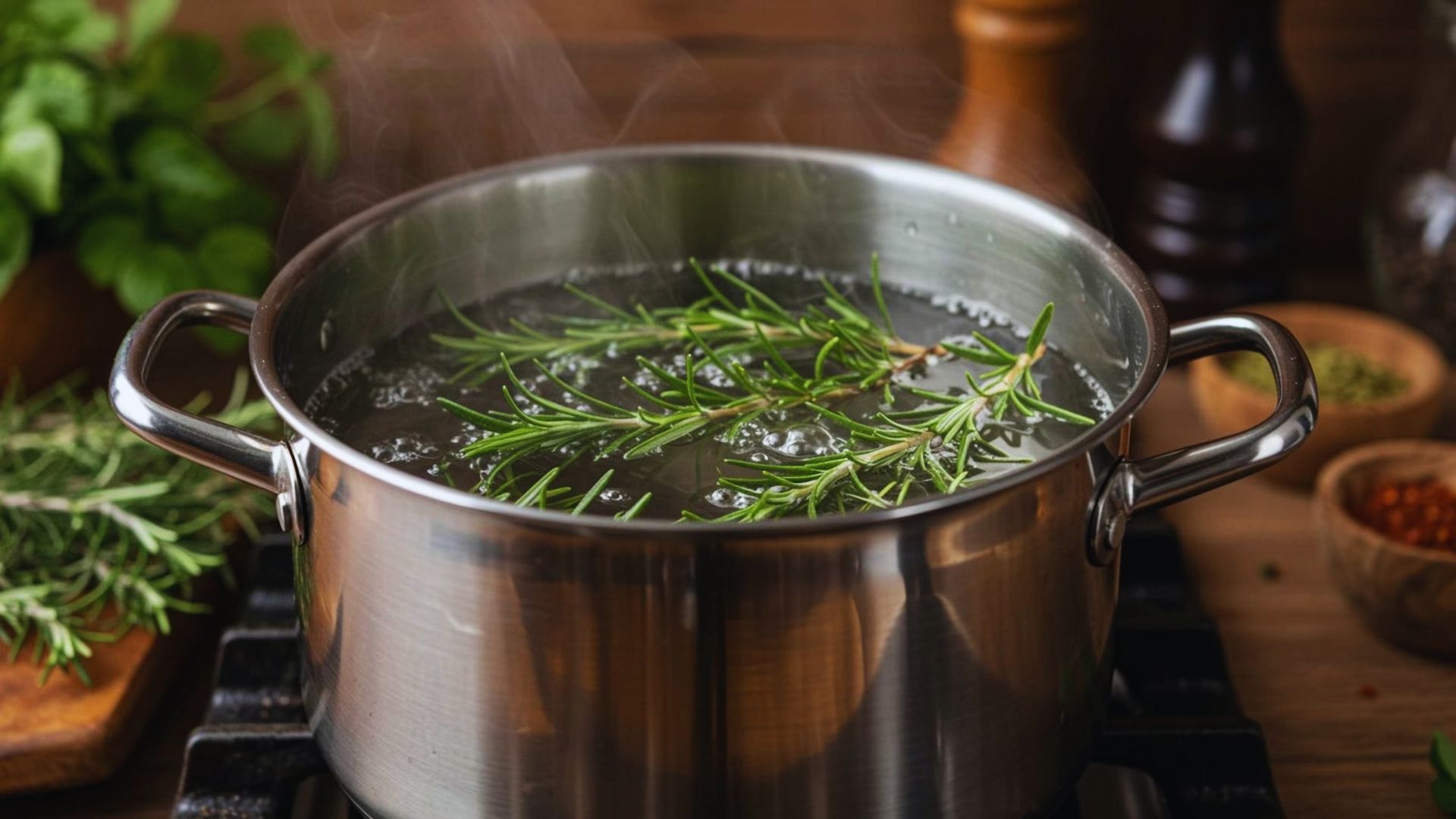 A pot filled with various herbs and spices sits on a stove, ready for cooking.