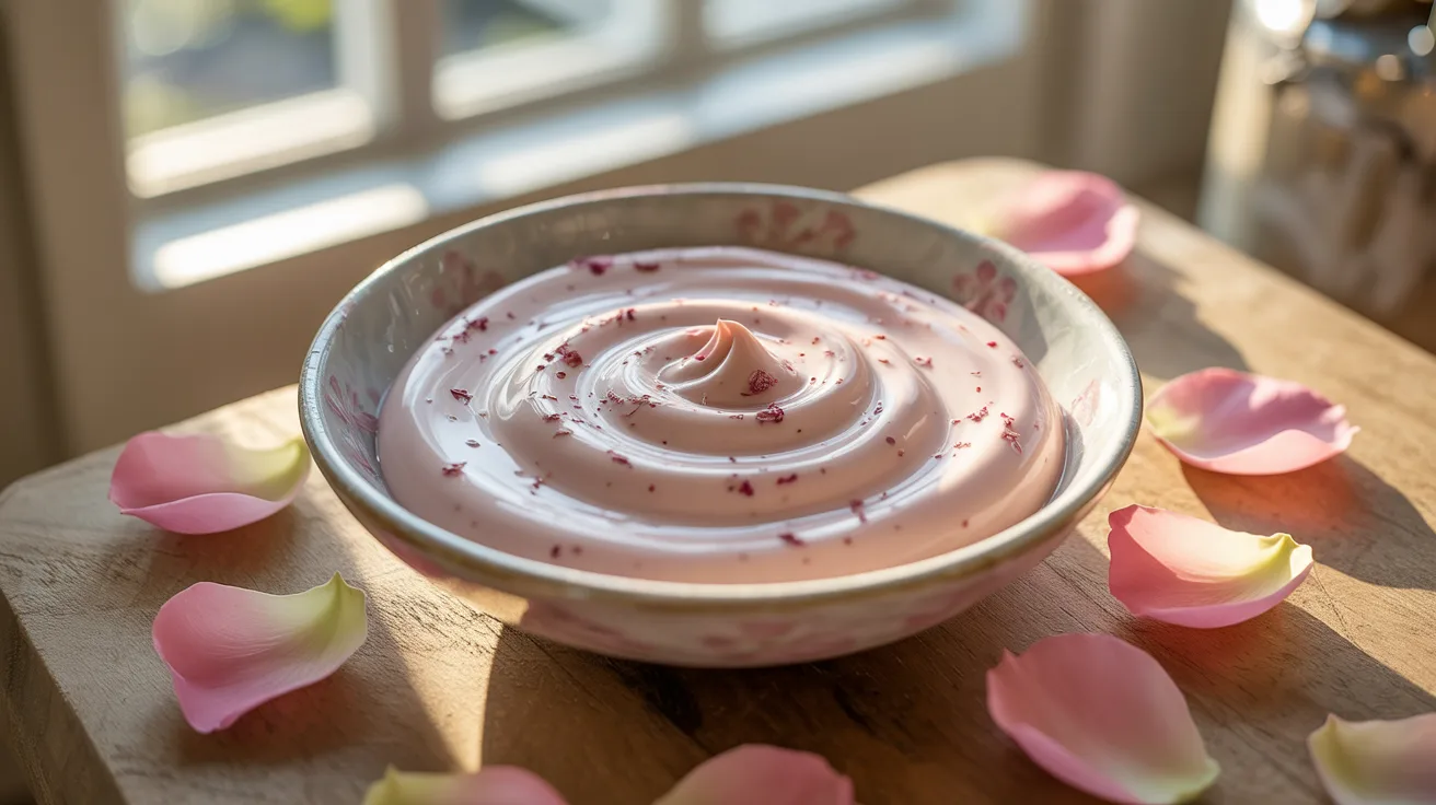 A bowl of pink yogurt surrounded by delicate pink petals, creating a visually appealing and serene presentation.