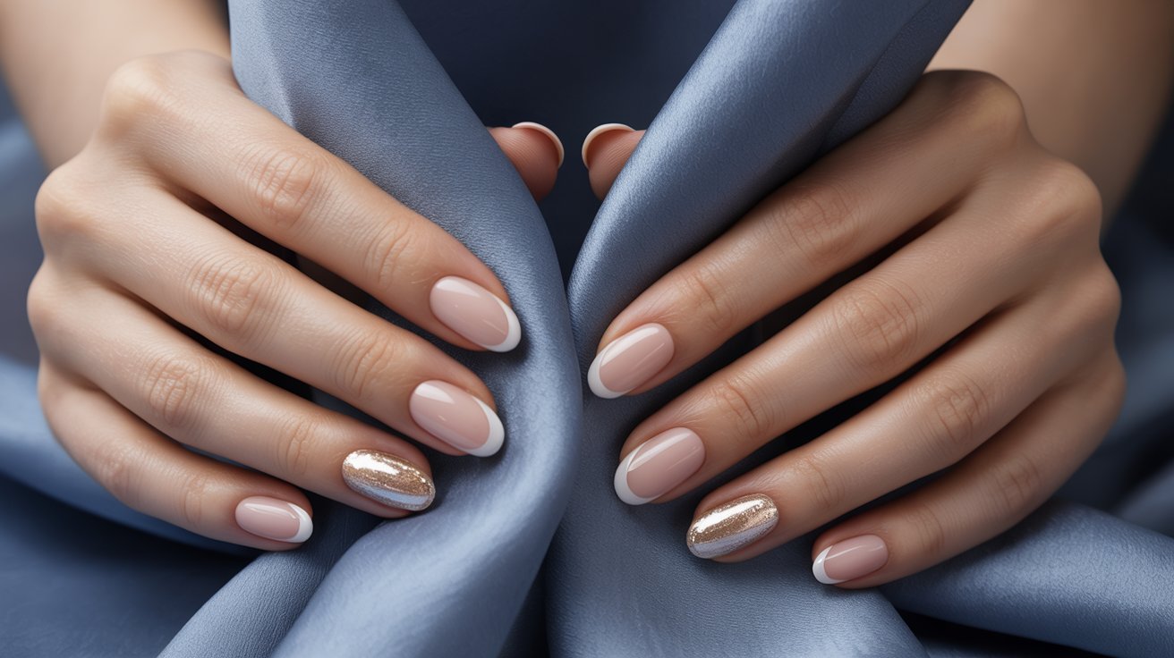 Hands with nude manicured nails featuring elegant gold accents, showcasing a stylish and polished appearance.