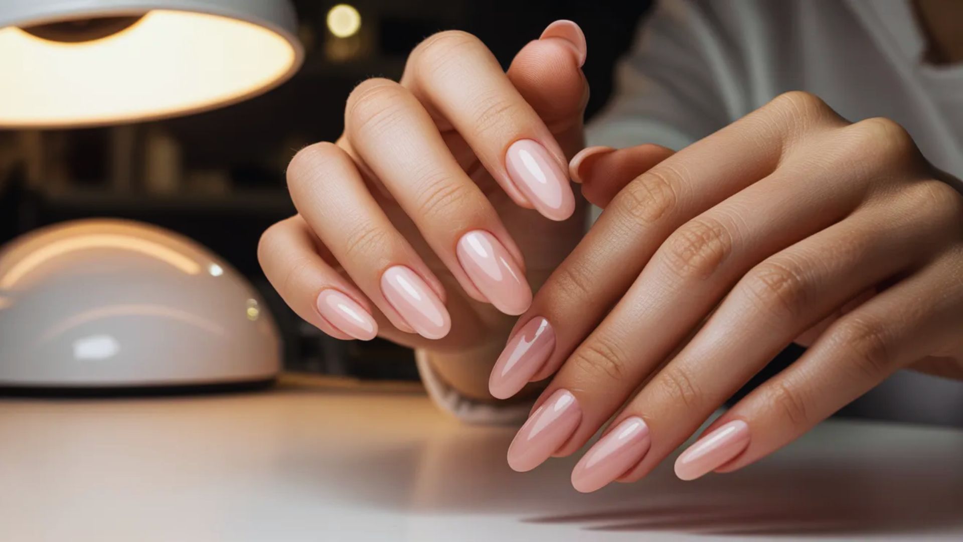 A woman wearing a white shirt, showcasing her pink nails.