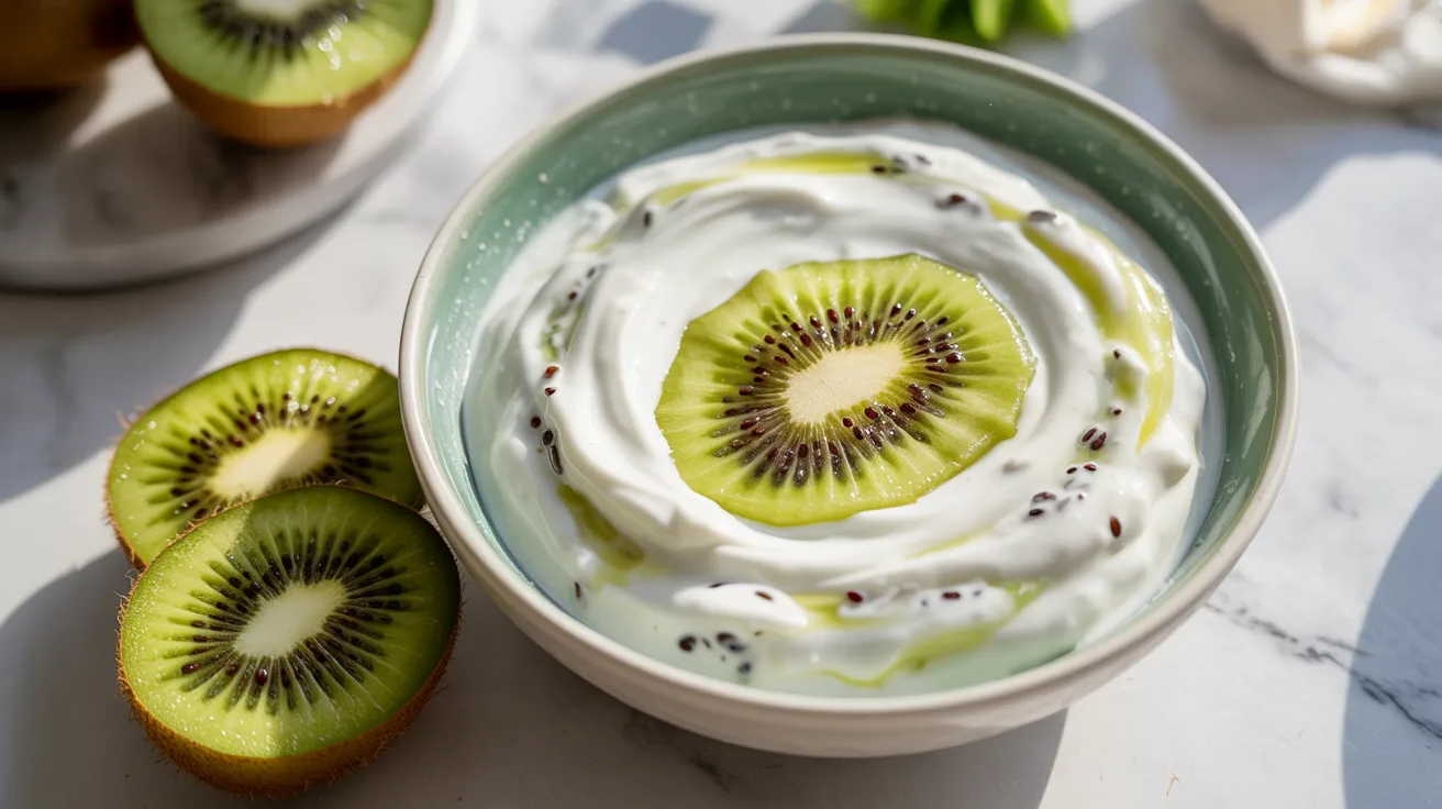 Kiwi yogurt topped with fresh kiwi slices and chopped green onions, served in a clear bowl.