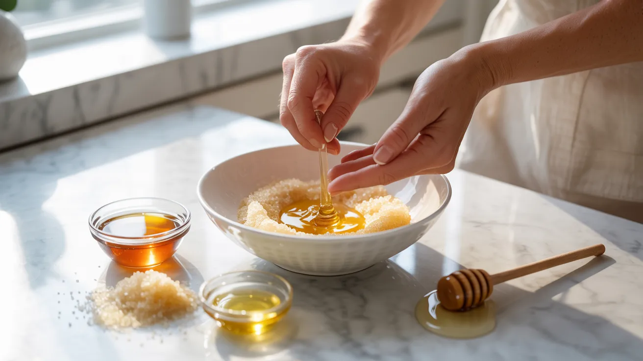 A woman stirs honey into a bowl using a spoon, blending the ingredients together.