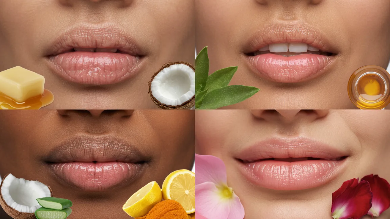Four images of lips showcasing various lip care products, including balms, glosses, and treatments for different effects.