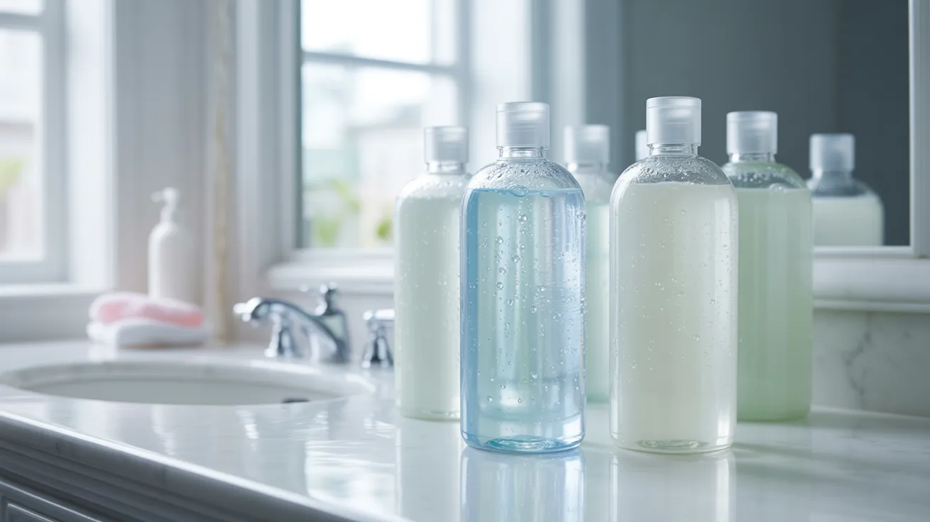 Three bottles of liquid soap are arranged neatly on a countertop, showcasing various colors and labels.