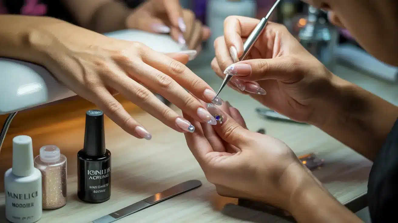 A woman is having her nails painted with colorful nail polish at a nail salon.