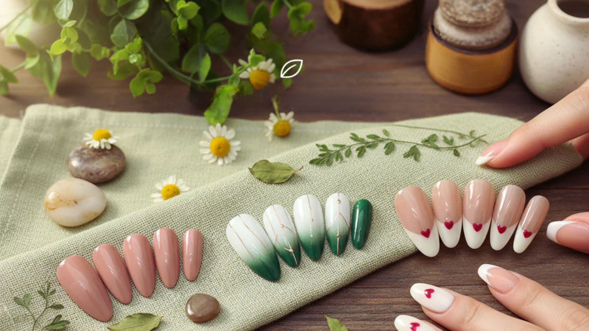 A woman's hands showcase an array of colorful and artistic nail designs, highlighting creativity and style.