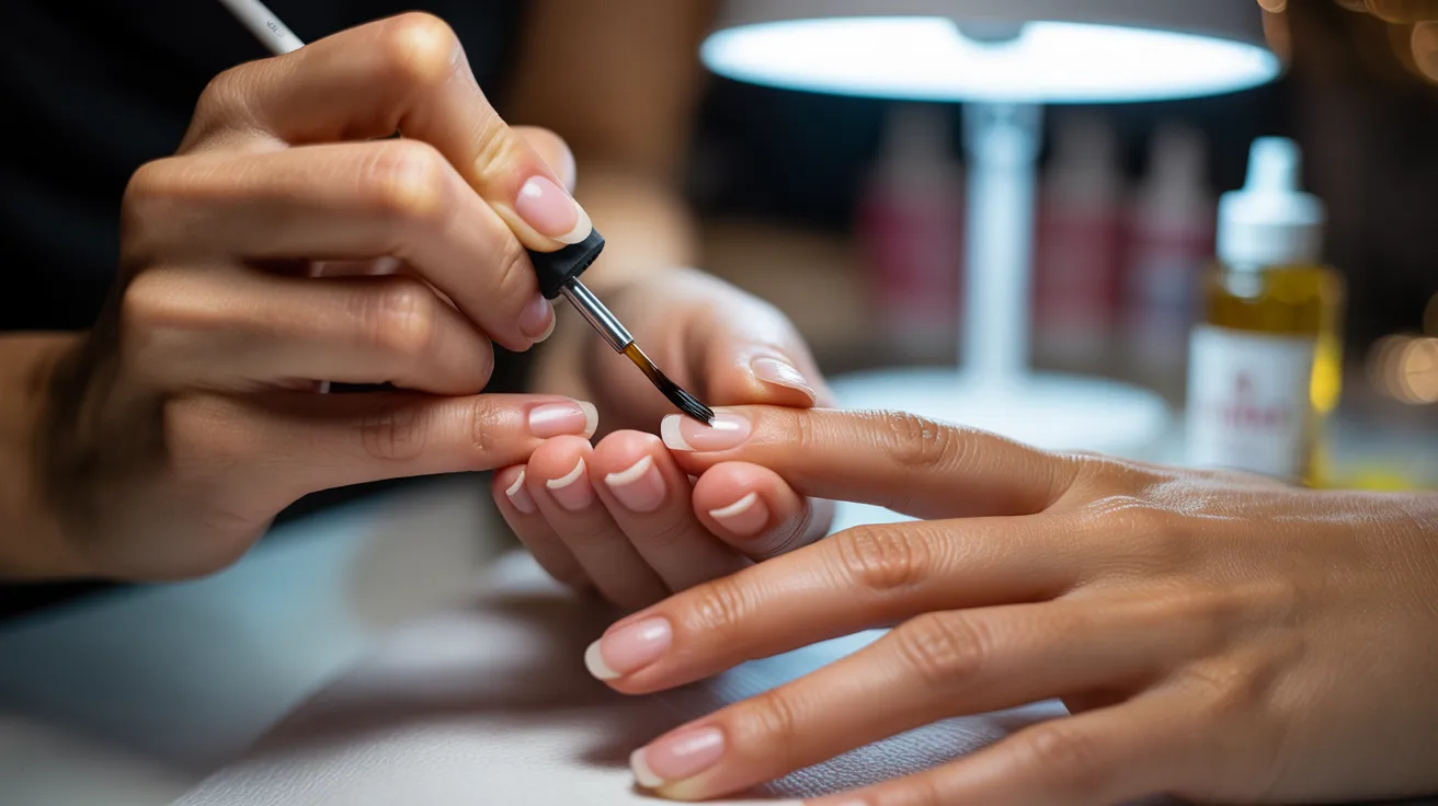 A woman is having her nails painted with colorful nail polish at a nail salon.