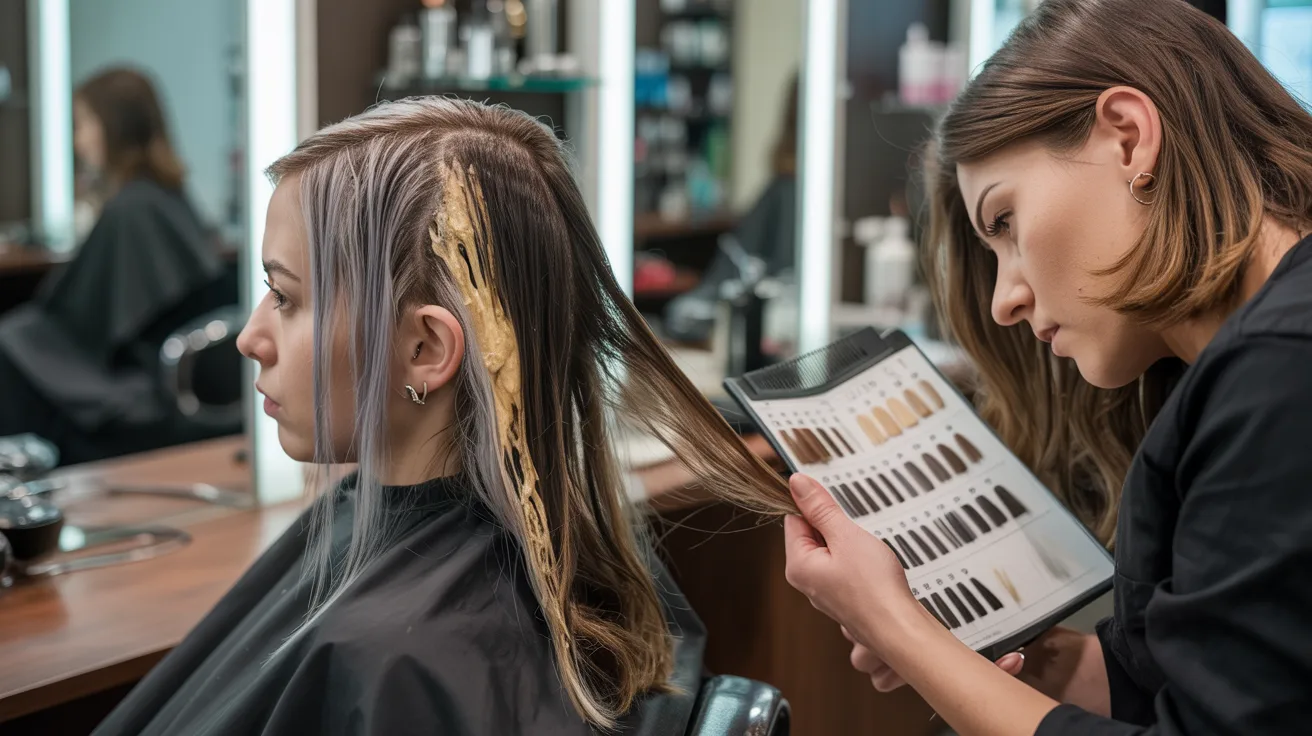 A woman sits in a salon chair while a hairdresser styles her hair.