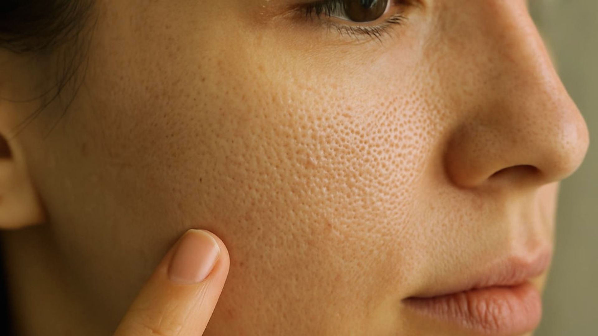 A woman with a small pimple on her face, looking thoughtfully to the side.