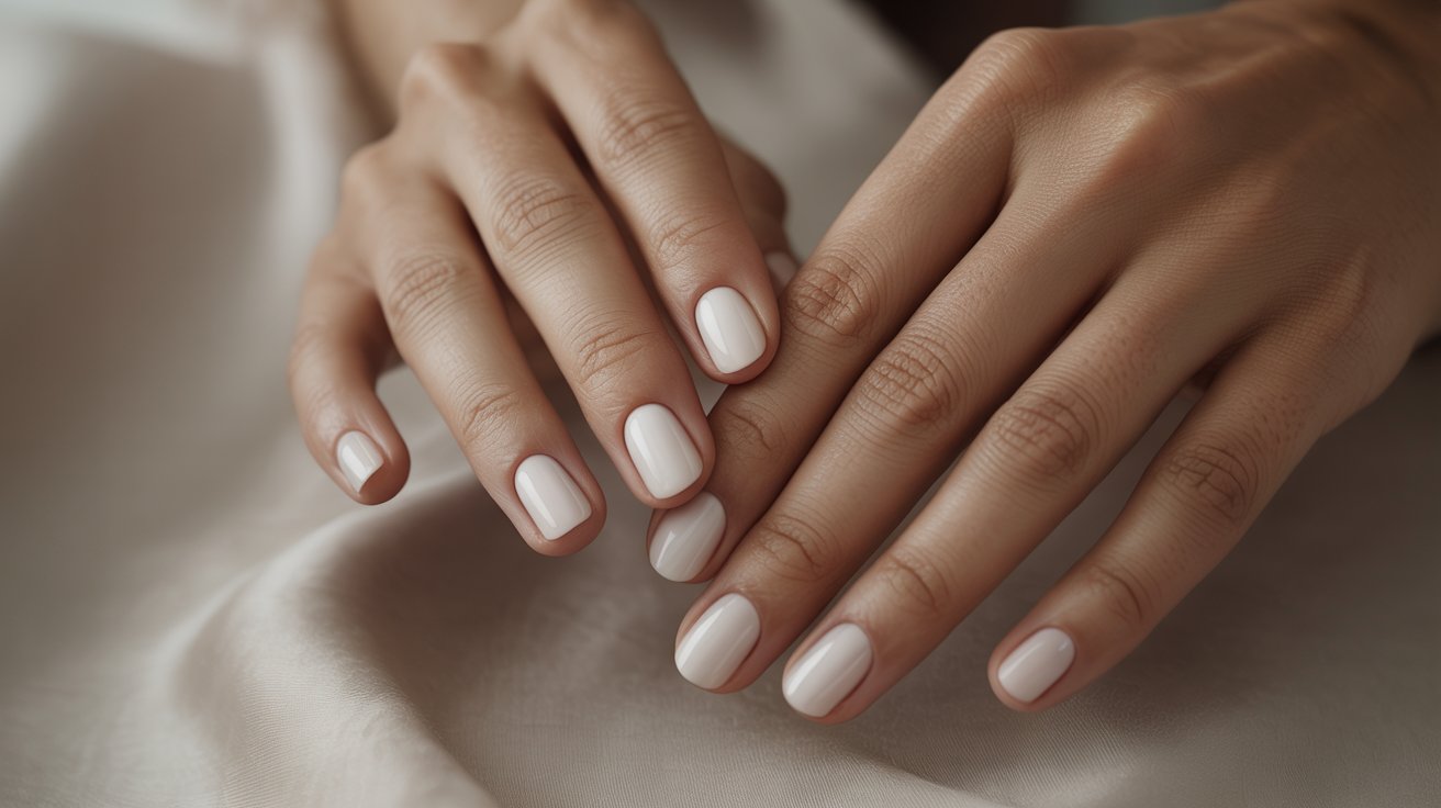 A close-up of a woman's hands showcasing elegantly manicured white nails against a neutral background.