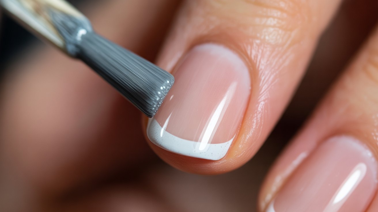 A woman's hand holds a brush, applying a French manicure to her nails with precision and care.