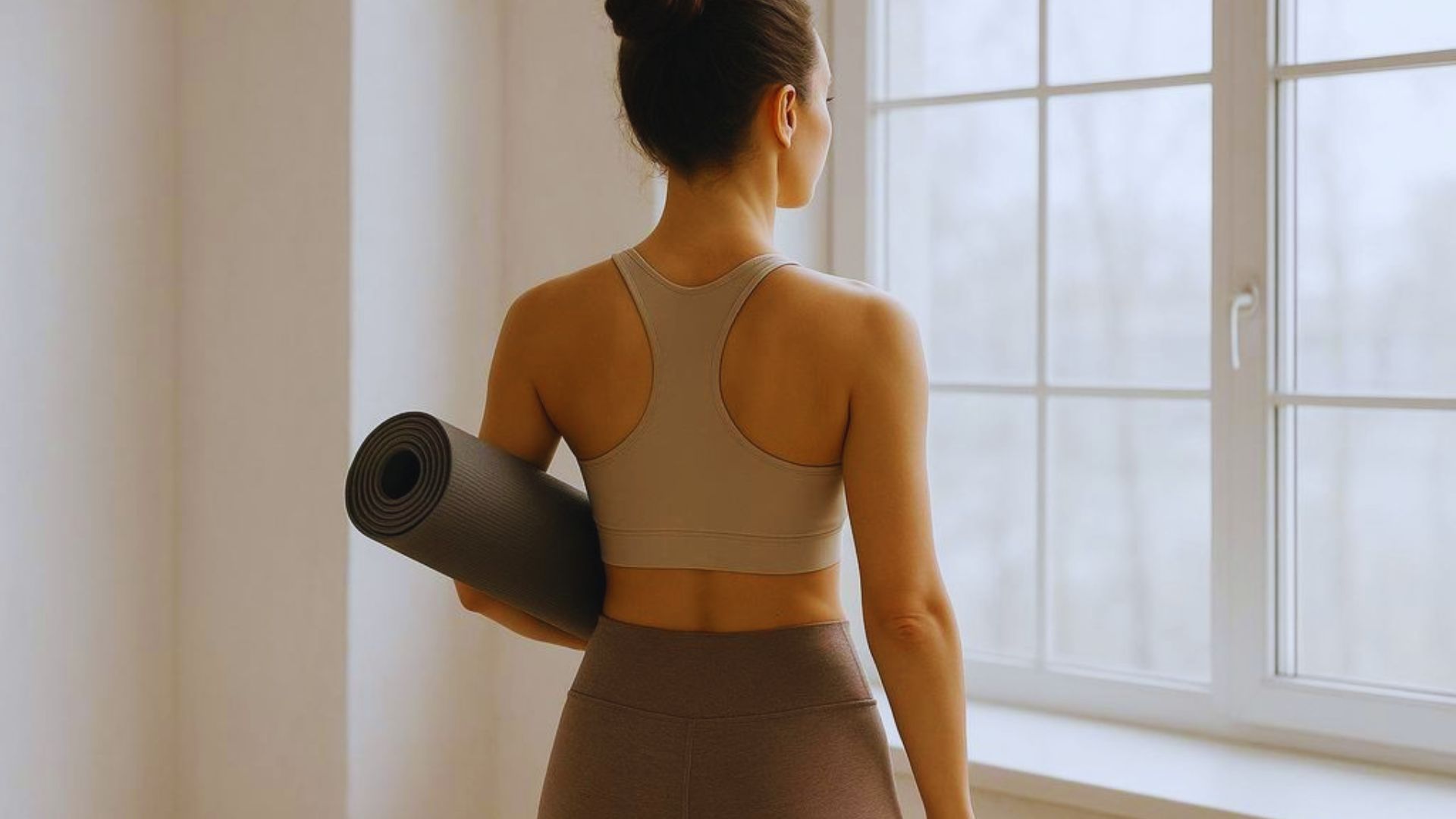 A woman in a sports bra and leggings holds a yoga mat, ready for a workout or yoga session.