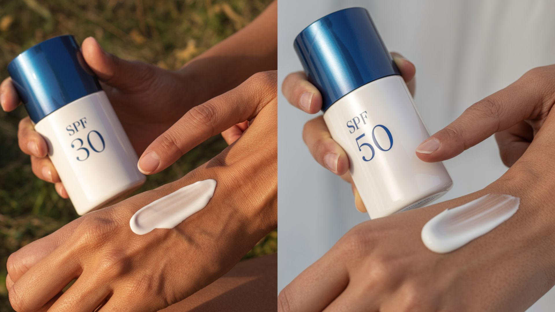 Two images of a woman smiling while holding a bottle of sunscreen outdoors, promoting sun safety and skincare.