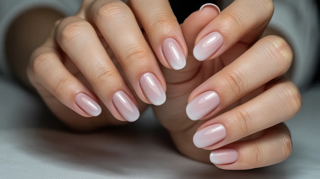 A close-up of a woman's hands showcasing elegant French manicured nails.