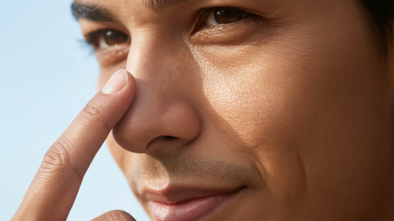 A man touches his nose with his finger, appearing thoughtful or contemplative.