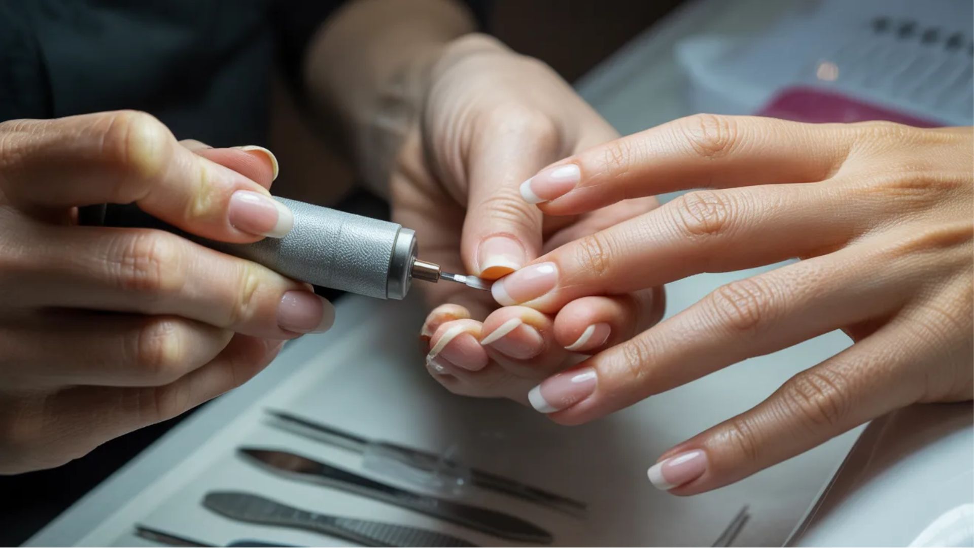 A woman is having her nails painted with bright nail polish at a salon, showcasing a relaxing beauty treatment.