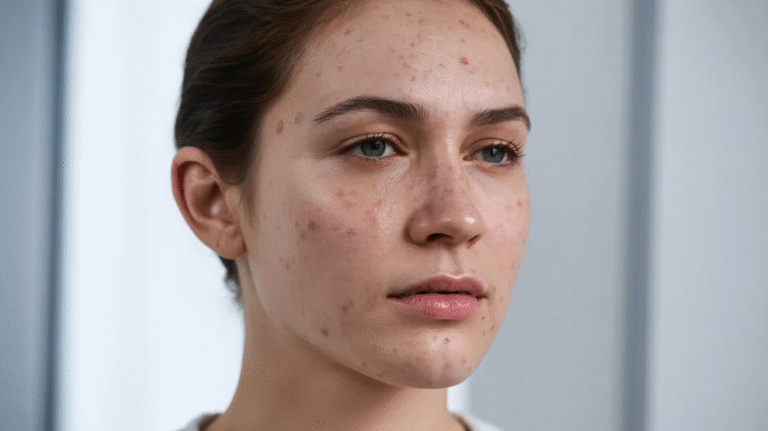 A woman with visible acne on her face, showcasing a range of skin textures and tones.