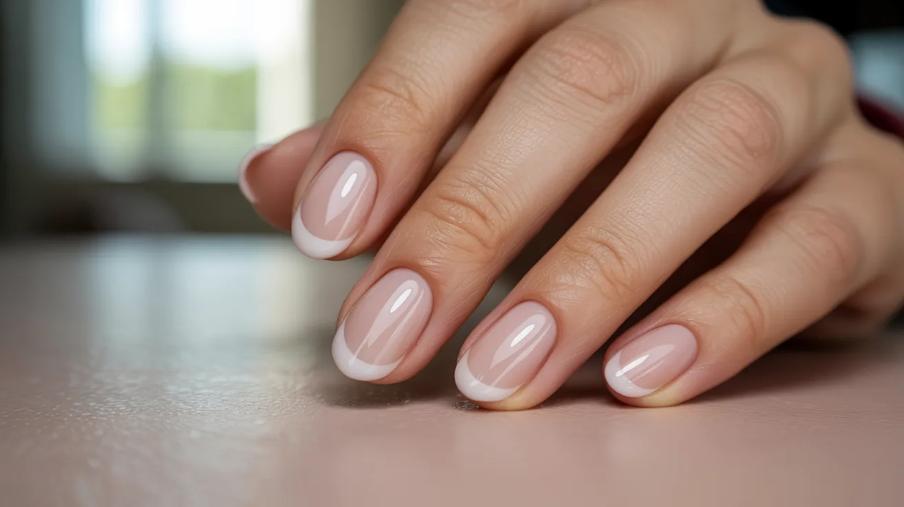 A close-up of a woman's hand displaying a perfectly manicured white nail.