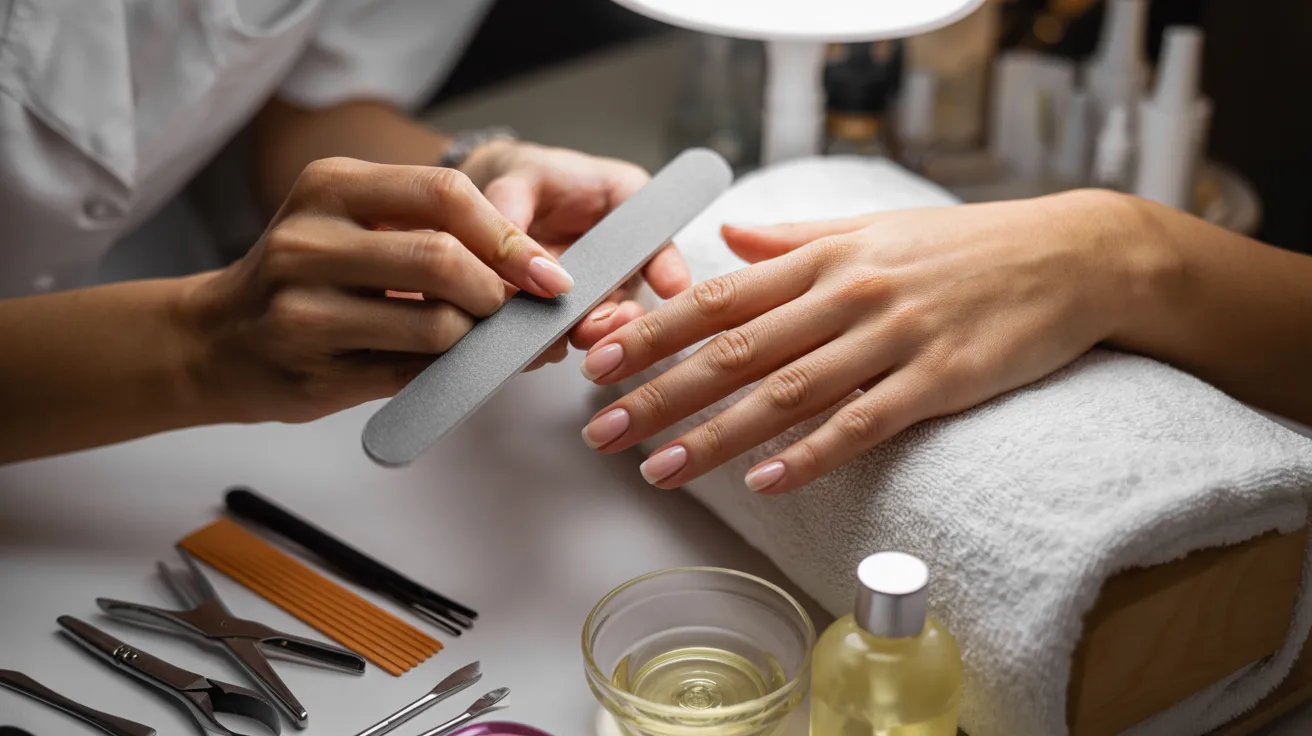 A woman receiving a manicure, with her hands resting on a table and a nail technician applying polish.