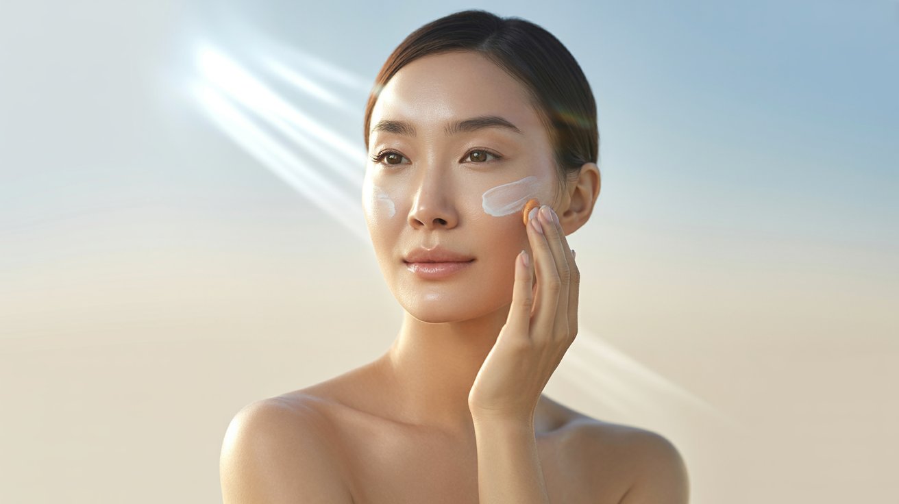 A woman with a white face and cream applied, showcasing a skincare routine or beauty treatment.