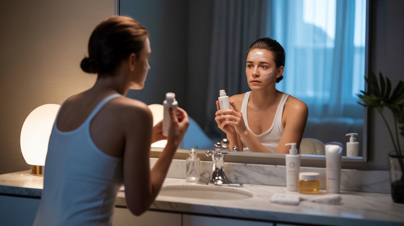 A woman gazes at her reflection in a mirror, examining her face with a thoughtful expression.
