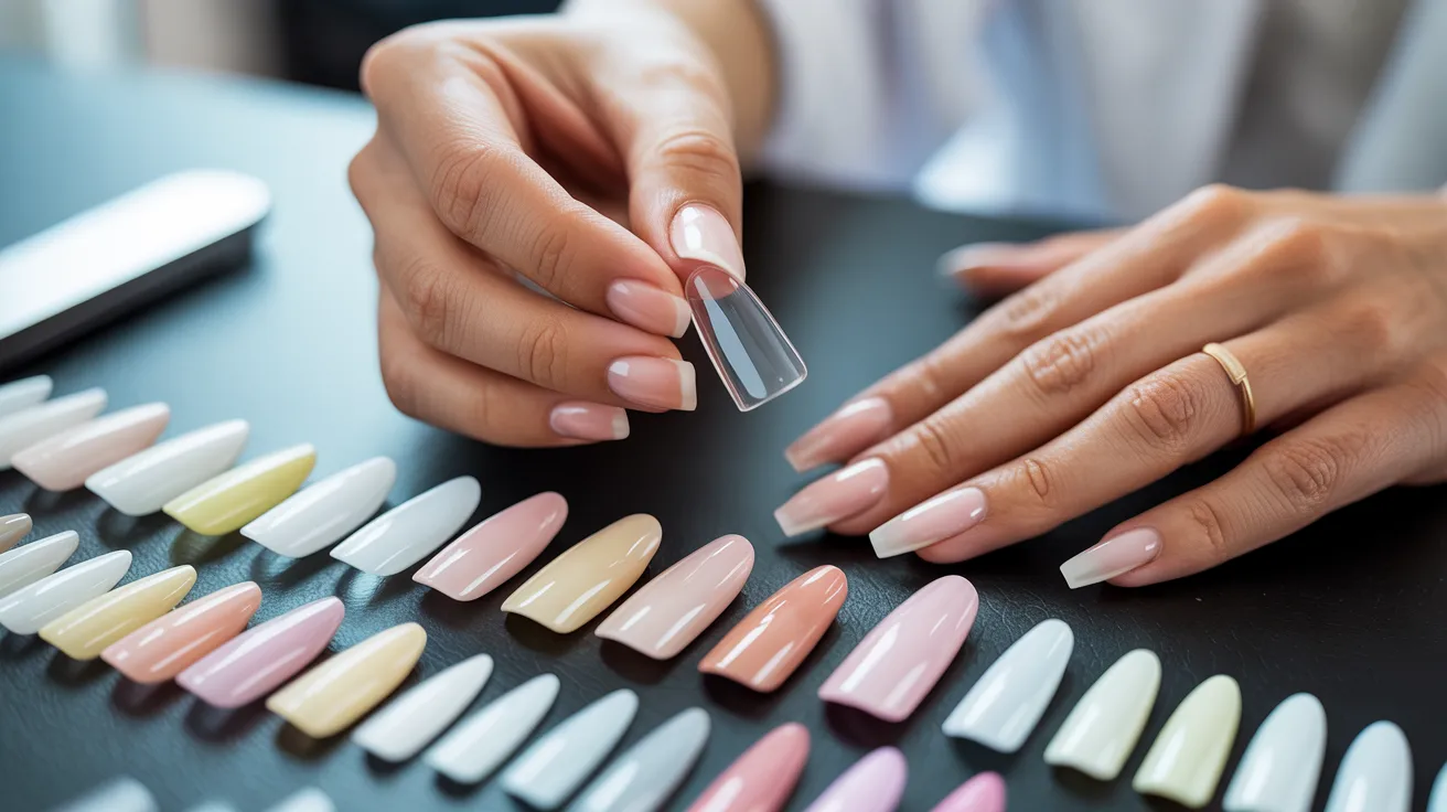 A woman files her nails while applying various colors of nail polish, showcasing her nail art technique.