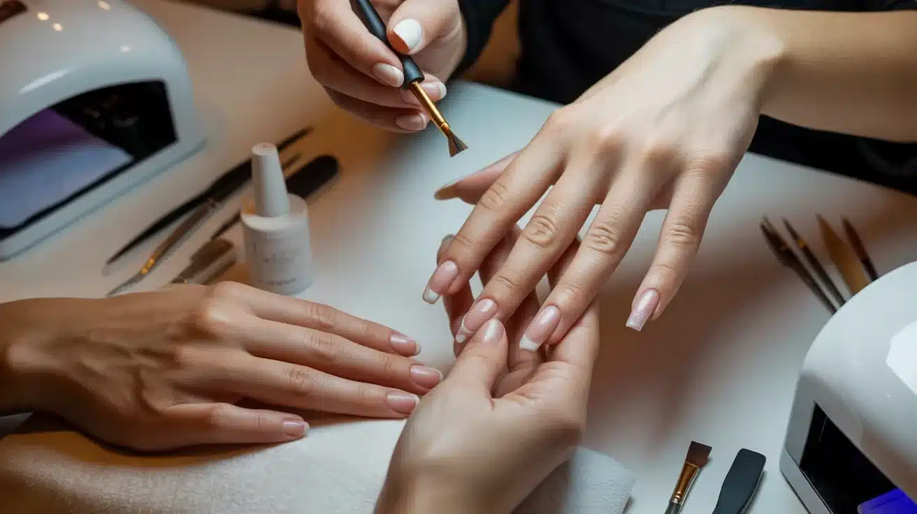 A woman is having her nails painted with colorful nail polish at a salon.