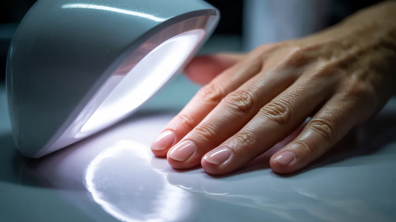 A hand holds a nail lamp, illuminating the nails for drying after a manicure.