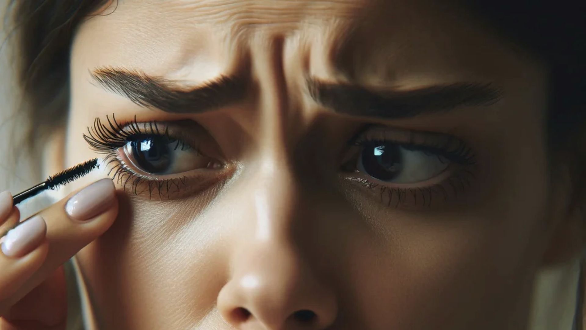 A woman applies eyeliner to her eyes using a brush, focusing intently on her makeup application.