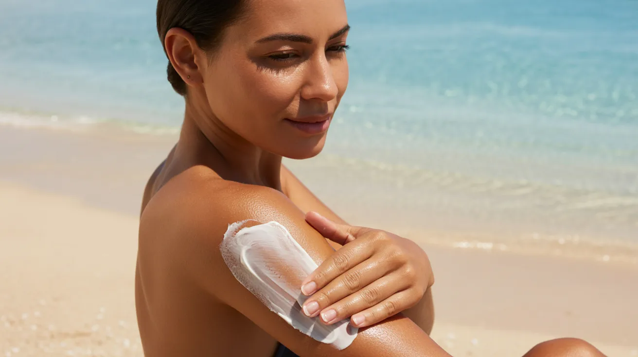 A woman applies sunscreen to her arm while sitting on the beach, preparing for sun exposure.